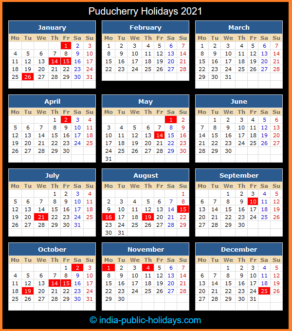 Puducherry Holiday Calendar 2021